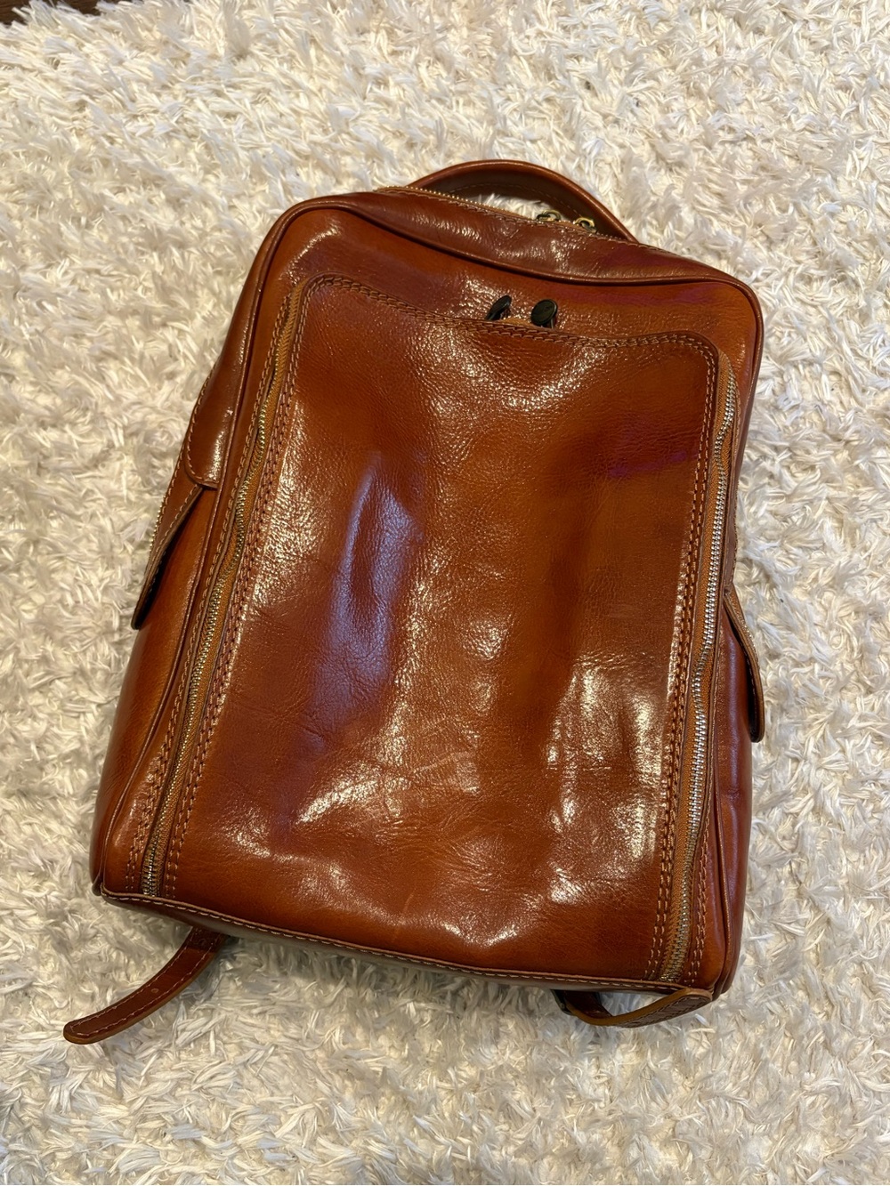 Women’s Italian Leather Backpack Front Zips Straps Brown Tan Cognac